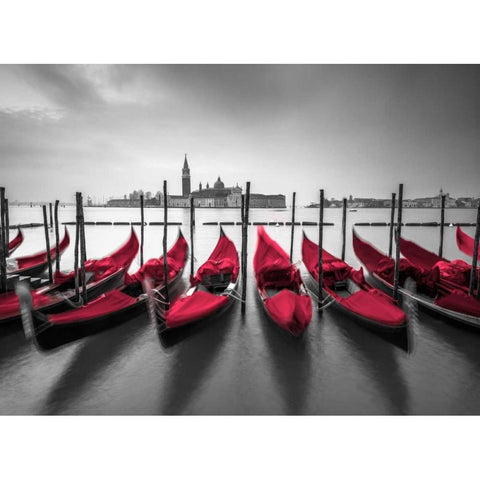 Bunch of Roses and umbrella on pier with gondolas moored in canal, Venice, Italy Black Modern Wood Framed Art Print by Frank, Assaf