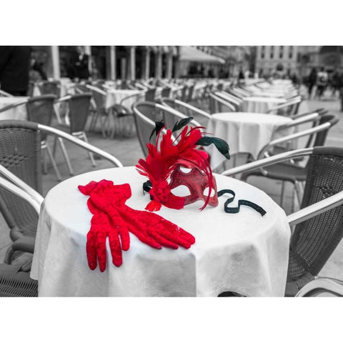 Female hand gloves with Venetian mask on cafe table, Venice, Italy Black Modern Wood Framed Art Print by Frank, Assaf