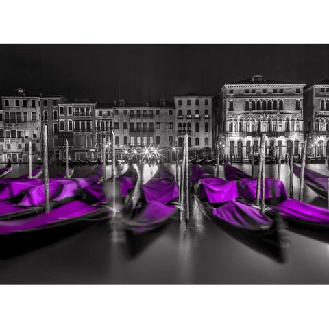 Night shot of grand canal with illuminated buildings and gondolas, Venice, Italy Black Modern Wood Framed Art Print with Double Matting by Frank, Assaf