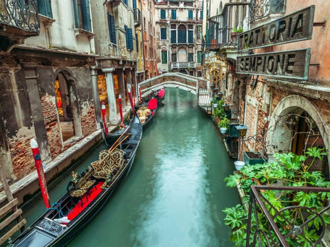 Gondola in narrow canal through old buildings, Venice, Italy Black Ornate Wood Framed Art Print with Double Matting by Frank, Assaf