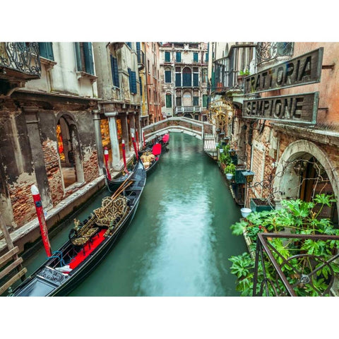 Gondola in narrow canal through old buildings, Venice, Italy Black Modern Wood Framed Art Print by Frank, Assaf