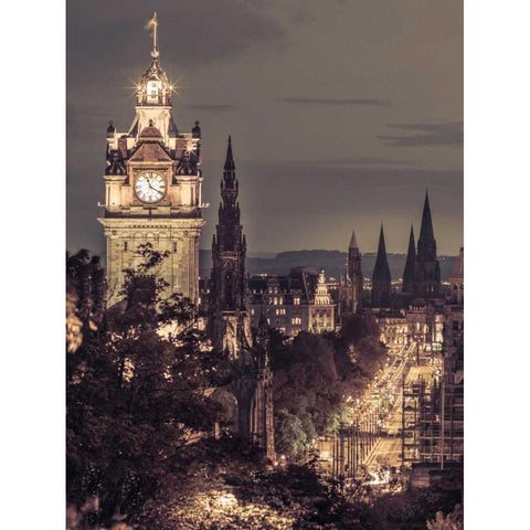 Princess streen and the Balmoral Hotel and night, Edinbrugh, Scotland Gold Ornate Wood Framed Art Print with Double Matting by Frank, Assaf