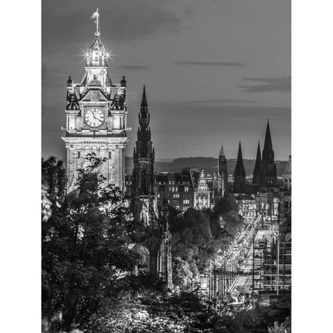 Princess streen and the Balmoral Hotel and night, Edinbrugh, Scotland, FTBR-1800 White Modern Wood Framed Art Print by Frank, Assaf
