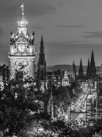 Princess streen and the Balmoral Hotel and night, Edinbrugh, Scotland, FTBR-1800 White Modern Wood Framed Art Print with Double Matting by Frank, Assaf
