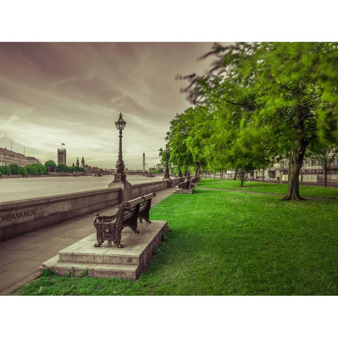 Bench at the park by the river Thames, London, UK Gold Ornate Wood Framed Art Print with Double Matting by Frank, Assaf