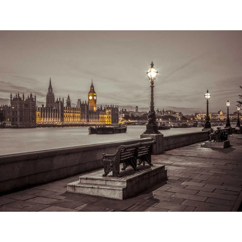 Benchs by the walkway next to river thames, London, Uk Black Modern Wood Framed Art Print with Double Matting by Frank, Assaf