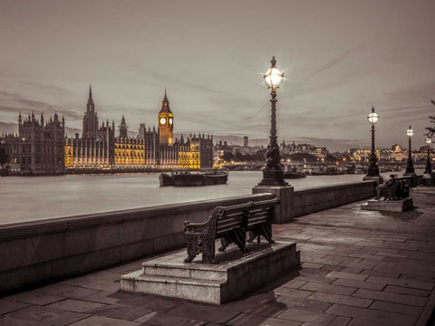 Benchs by the walkway next to river thames, London, Uk White Modern Wood Framed Art Print with Double Matting by Frank, Assaf