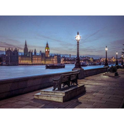 Benchs by the walkway next to river thames, London, Uk Gold Ornate Wood Framed Art Print with Double Matting by Frank, Assaf