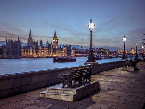 Benchs by the walkway next to river thames, London, Uk White Modern Wood Framed Art Print with Double Matting by Frank, Assaf
