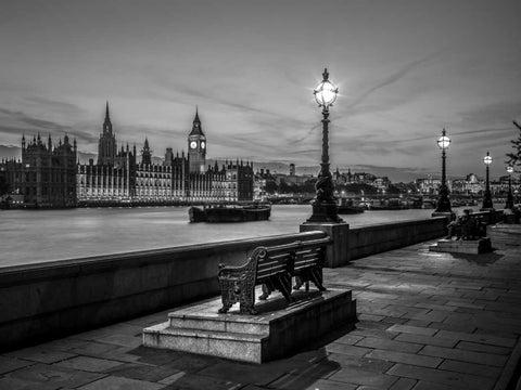 Benchs by the walkway next to river thames, London, Uk Black Ornate Wood Framed Art Print with Double Matting by Frank, Assaf