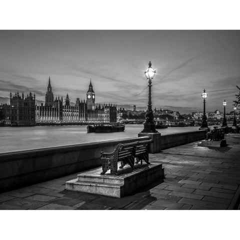Benchs by the walkway next to river thames, London, Uk Black Modern Wood Framed Art Print by Frank, Assaf