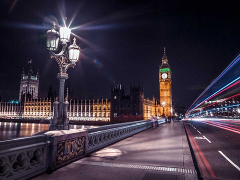 Westminster Bridge on river Thames with strip lights, London, UK White Modern Wood Framed Art Print with Double Matting by Frank, Assaf