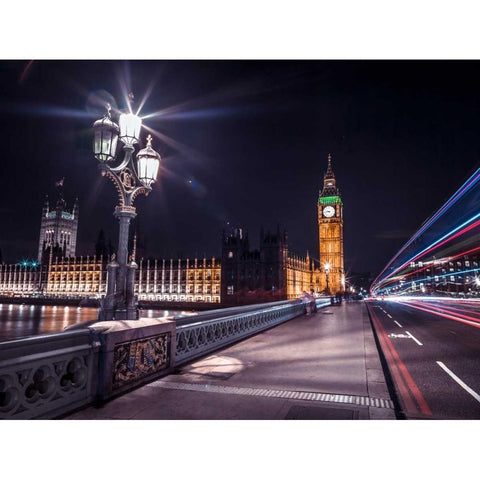 Westminster Bridge on river Thames with strip lights, London, UK White Modern Wood Framed Art Print by Frank, Assaf