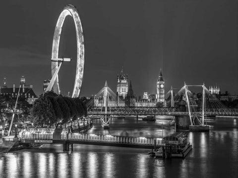 Night shot of river thames with London Eye, London, UK Black Ornate Wood Framed Art Print with Double Matting by Frank, Assaf