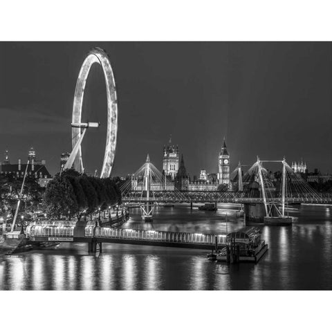 Night shot of river thames with London Eye, London, UK Black Modern Wood Framed Art Print with Double Matting by Frank, Assaf