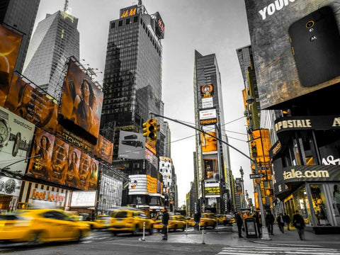 Taxi on broadway, New York White Modern Wood Framed Art Print with Double Matting by Frank, Assaf