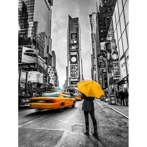 Man with yellow umbrella at Times square, New York Black Modern Wood Framed Art Print by Frank, Assaf