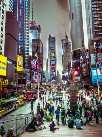 Commuters on busy Broadway in Ney York City near Times Square White Modern Wood Framed Art Print with Double Matting by Frank, Assaf