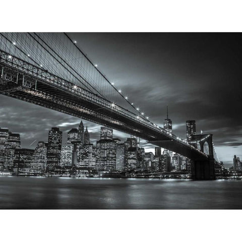 Brooklyn Bridge and lower Manhattan skyline at dusk, New York Black Modern Wood Framed Art Print by Frank, Assaf