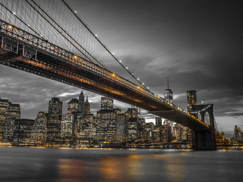 Brooklyn Bridge and lower Manhattan skyline at dusk, New York White Modern Wood Framed Art Print with Double Matting by Frank, Assaf