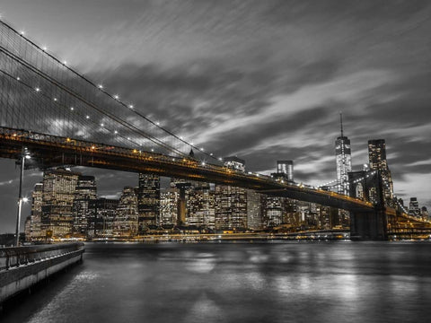 Brooklyn Bridge and lower Manhattan skyline at dusk, New York White Modern Wood Framed Art Print with Double Matting by Frank, Assaf