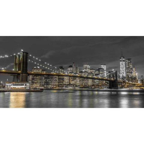 Brooklyn Bridge and lower Manhattan skyline at dusk, New York Black Modern Wood Framed Art Print with Double Matting by Frank, Assaf