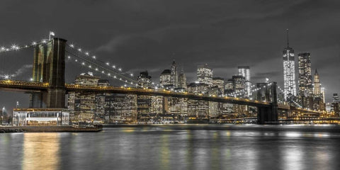 Brooklyn Bridge and lower Manhattan skyline at dusk, New York Black Ornate Wood Framed Art Print with Double Matting by Frank, Assaf