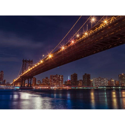 Brooklyn Bridge and lower Manhattan skyline at dusk, New York Black Modern Wood Framed Art Print by Frank, Assaf