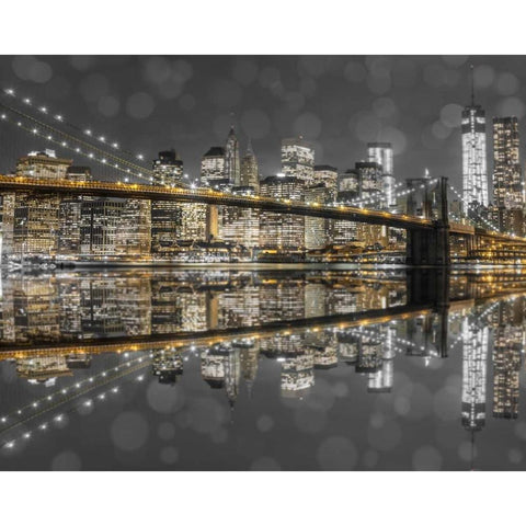 Brooklyn Bridge and lower Manhattan skyline at dusk, New York Black Modern Wood Framed Art Print by Frank, Assaf