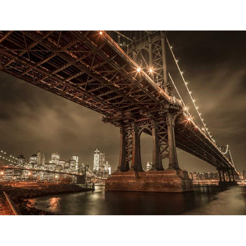 Manhattan Bridge over east river at dusk, New York Black Modern Wood Framed Art Print by Frank, Assaf
