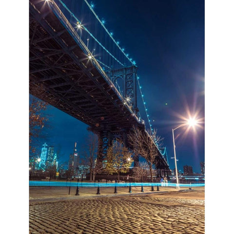 Manhattan Bridge over east river at dusk, New York Black Modern Wood Framed Art Print by Frank, Assaf