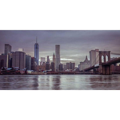 Lower Manhattan skyline with Brooklyn Bridge, New York Black Modern Wood Framed Art Print by Frank, Assaf
