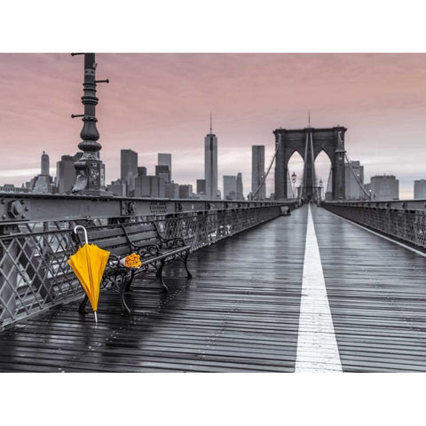 Yellow umbrella and bunch of roses on bench on pedestrian pathway, Brooklyn bridge, New York Black Modern Wood Framed Art Print by Frank, Assaf