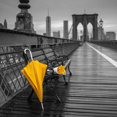 Yellow umbrella and bunch of roses on bench on pedestrian pathway, Brooklyn bridge, New York Black Modern Wood Framed Art Print by Frank, Assaf