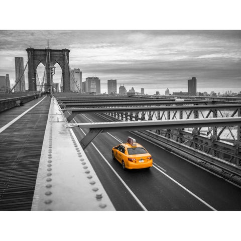 Cab on brooklyn bridge, Manhattan, New York Black Modern Wood Framed Art Print by Frank, Assaf
