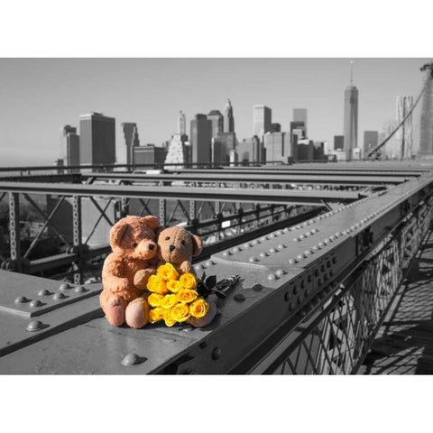 Pair of teddy bears and bunch of roses on Brooklyn Bridge, New York Black Modern Wood Framed Art Print with Double Matting by Frank, Assaf