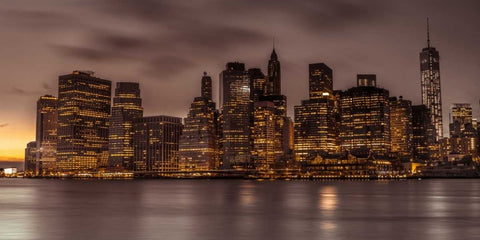 Evening shot of Lower Manhattan skyline, New York Black Ornate Wood Framed Art Print with Double Matting by Frank, Assaf