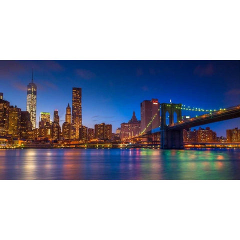 Evening shot of Lower Manhattan skyline and Brooklyn Bridge, New York White Modern Wood Framed Art Print by Frank, Assaf