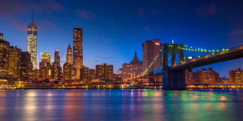 Evening shot of Lower Manhattan skyline and Brooklyn Bridge, New York Black Ornate Wood Framed Art Print with Double Matting by Frank, Assaf