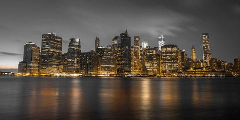 Evening shot of Lower Manhattan skyline, New York White Modern Wood Framed Art Print with Double Matting by Frank, Assaf