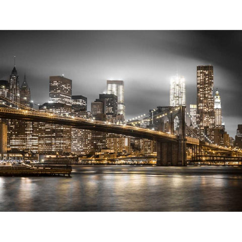 Evening shot of Brooklyn Bridge with Lower Manhattan skyline, New York White Modern Wood Framed Art Print by Frank, Assaf