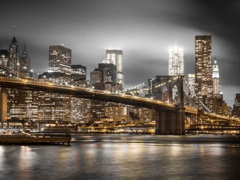 Evening shot of Brooklyn Bridge with Lower Manhattan skyline, New York White Modern Wood Framed Art Print with Double Matting by Frank, Assaf