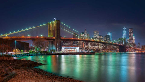 Evening shot of Brooklyn Bridge and Lower Manhattan skyline, New York White Modern Wood Framed Art Print with Double Matting by Frank, Assaf