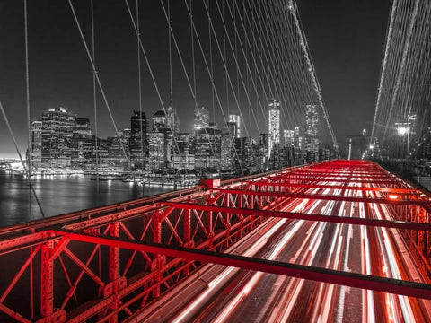Brooklyn Bridge in evening, New York White Modern Wood Framed Art Print with Double Matting by Frank, Assaf