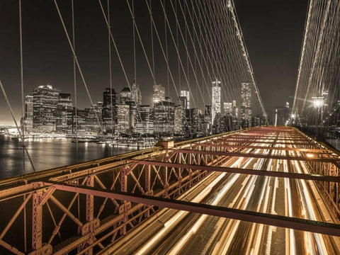 Brooklyn Bridge in evening, New York White Modern Wood Framed Art Print with Double Matting by Frank, Assaf