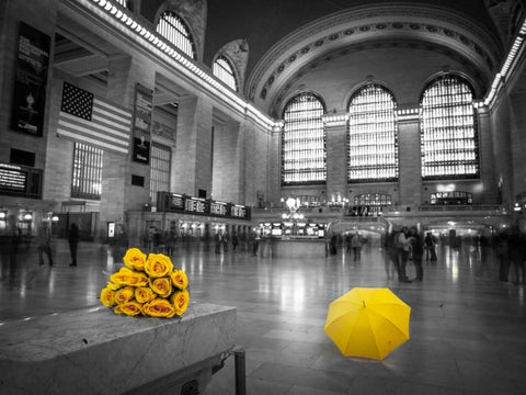 Bunch of yellow roses and umbrella in Grand Central Terminal, New York White Modern Wood Framed Art Print with Double Matting by Frank, Assaf