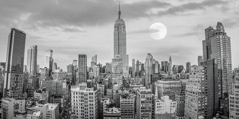 Empire State Building with Manhattan skyline - New York City White Modern Wood Framed Art Print with Double Matting by Frank, Assaf