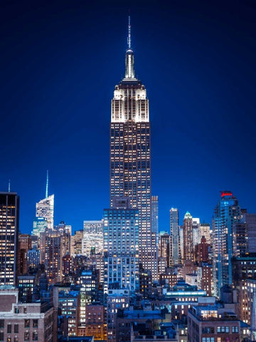 Empire State Building with New York City Manhattan skyline with skyscrapers White Modern Wood Framed Art Print with Double Matting by Frank, Assaf