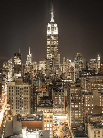 Illuminated Manhattan skyline at twilight - New York City White Modern Wood Framed Art Print with Double Matting by Frank, Assaf