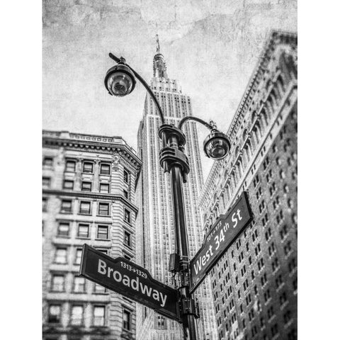 Street lamp and street signs with Empire State building in background - New York Black Modern Wood Framed Art Print with Double Matting by Frank, Assaf